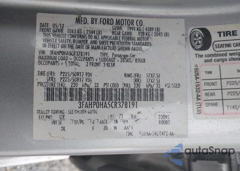 2012 Ford Fusion Se z USA, uszkodzony, nr VIN 3FAHP0HA5CR378191